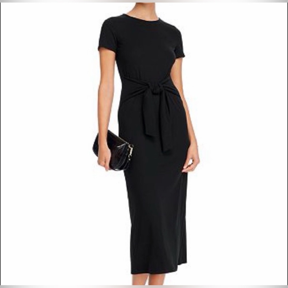 AQUA Ribbed Tie Waist Black Short Sleeve Long Maxi Dress Large EUC
